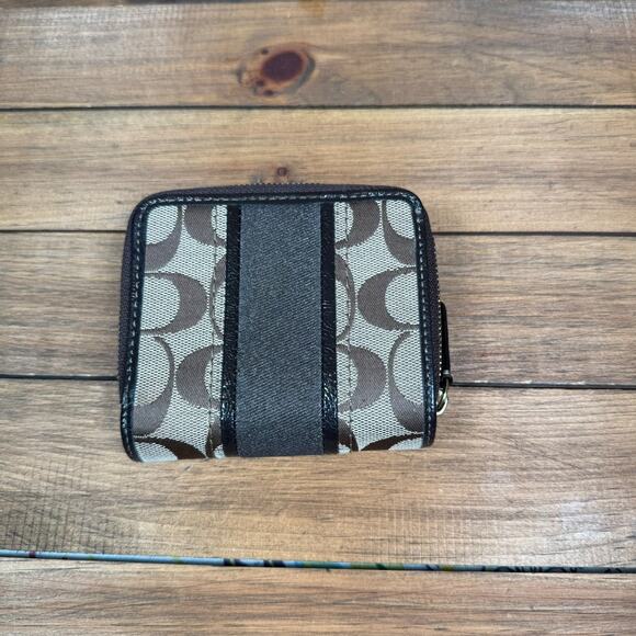 Coach Signature Stripe Khaki Canvas Brown Slim Medium Wallet Zip Coin - Picture 6 of 8
